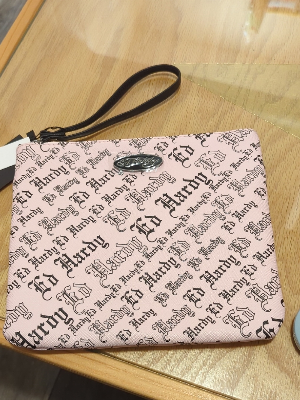 Ed Hardy Pink Logo Wristlet Clutch with Black Strap